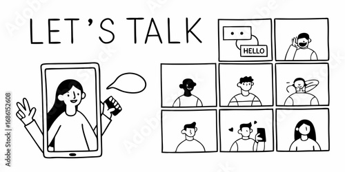 Illustration of a woman on a video call with multiple participants in individual windows and lets talk text on transparent background