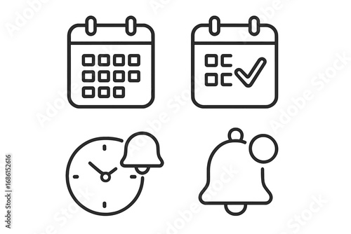 Time management icon set. Calendar, schedule, reminder, notification bell line icons. Date, appointment, planning, deadline, event alert symbols. Vector illustration.