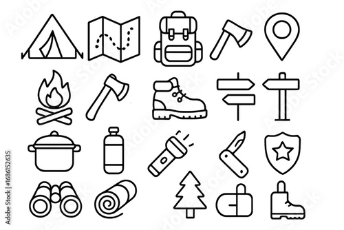 Camping and hiking outline icon set. Outdoor adventure, travel and tourism linear symbols. Trekking equipment, survival gear, and nature exploration vector line art collection.