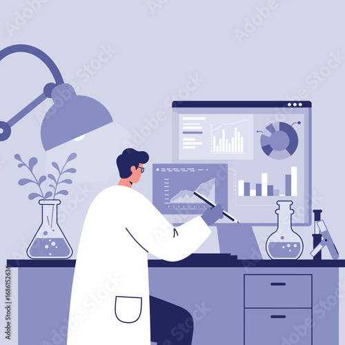 A scientist analyzes data on a computer in a laboratory setting.