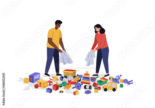 Couple tidying scattered colorful toys together. Suitable for parenting, organization, family activities, household, and teamwork concepts.