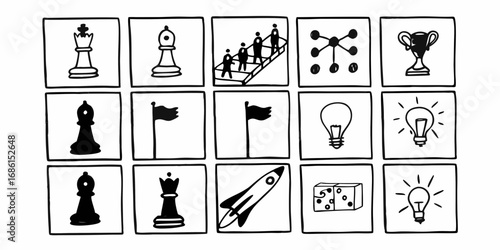 Illustration of chess pieces, people on stairs, network, trophy, flags, light bulbs, rocket, and dominoes on transparent background
