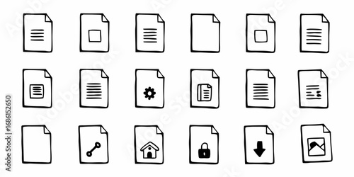 Illustration of various document icons in a hand drawn style showing different content and file types on transparent background