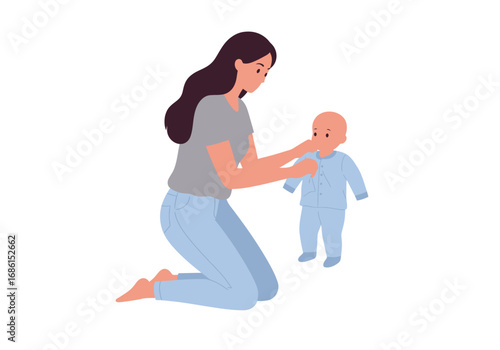 Woman dressing baby in light blue clothes on floor, suitable for parenting guides, baby clothing advertisements, and family blogs.