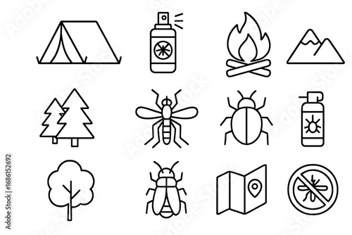 Camping, hiking and outdoor activity outline icon set. Vector collection of nature symbols like tent, campfire, mountains, trees, map, mosquito, bug and insect repellent spray.