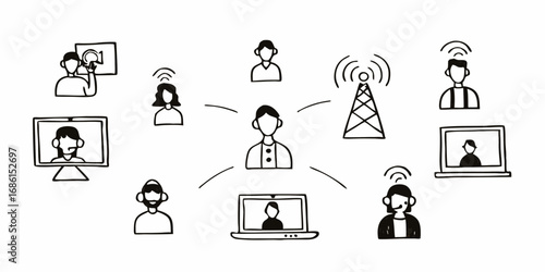 Illustration of a network of people communicating through various devices and a central communication tower on transparent background