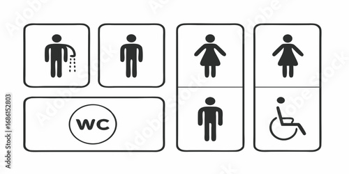Various restroom signs including baby changing men women and handicap accessibility with wc indication on transparent background