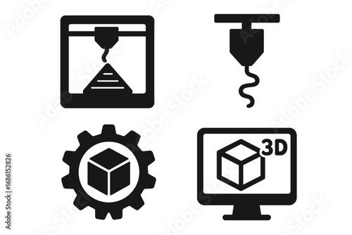 3D printing technology icon set. Additive manufacturing and prototyping silhouette symbols. Vector illustration of a 3D printer, nozzle, gear, and computer modeling concept.