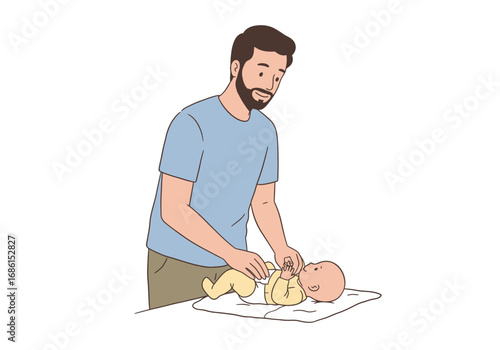 Father changing babys diaper, gentle parenting moment captured. Ideal for parenting blogs, childcare publications, family magazines, and advertisements.