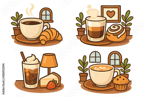 Coffee and pastry illustration set. Vector cartoon icons of cafe drinks and baked goods. Cozy scenes with latte, cappuccino, croissant, cinnamon roll, muffin, and cheesecake.