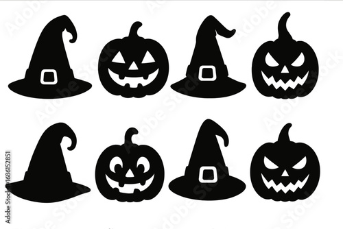 Halloween silhouettes set with scary pumpkins and witch hats. Spooky jack-o-lantern faces collection. Vector icons for holiday decoration, party invitation or graphic design.