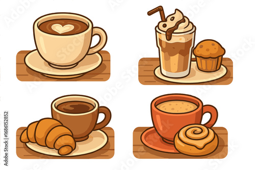 Coffee and pastry vector icon set. Cartoon illustration of latte, croissant, frappe, muffin, and cinnamon roll. Bakery, cafe, and breakfast food and drink symbols collection.