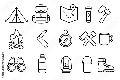 Camping equipment icon set for adventure. Outdoor survival tools outline collection for hiking. Vector illustration of travel gear like tent, backpack, map, compass and knife.
