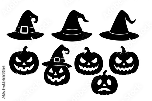 Halloween silhouettes set with scary jack o' lantern pumpkins and witch hats. Spooky vector icon collection for horror party decorations. Autumn evil face cartoon design elements.