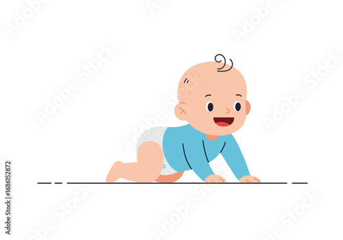 Adorable, happy baby crawling and smiling, suitable for parenting blogs, baby product advertisements, childrens books, and familyrelated designs.