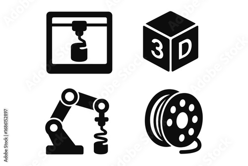 3D printing technology icon set with printer, robotic arm, and filament spool. Vector silhouette symbols for industrial manufacturing, prototyping, and engineering concepts.
