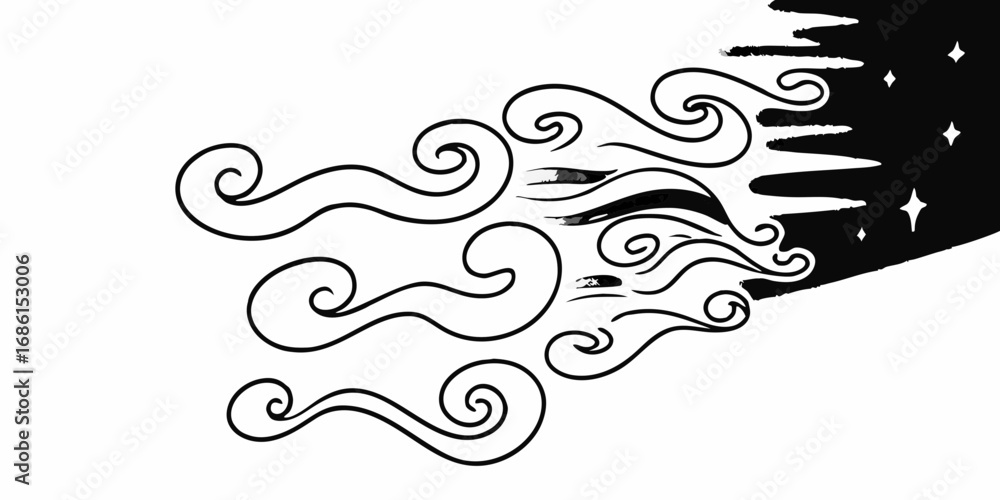 Fototapeta premium Stylized illustration of flowing lines and swirls transitioning into a dark starry night scene on transparent background