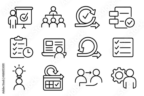 Agile and scrum outline icon set. Project management and workflow tools collection. Development life cycle, sprint, kanban board, and business process linear pictograms.