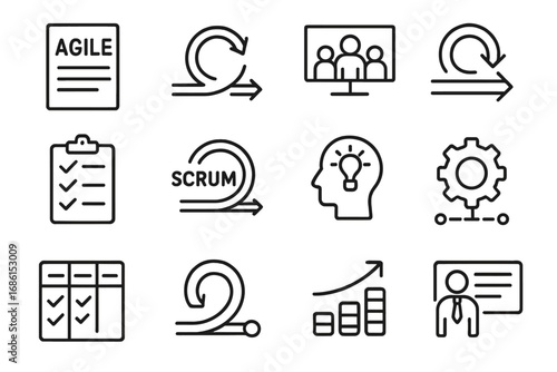 Agile and scrum methodology outline icon set. Project management and business workflow linear symbols. Sprint, kanban, development life cycle and task management vector icons.