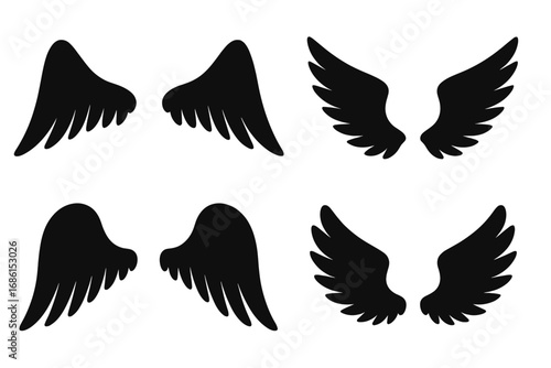 Angel wings silhouette icon set. Spiritual symbols graphic design collection. Vector cartoon illustration of black feathered wings for logo, tattoo, emblem. Freedom, heaven concept.