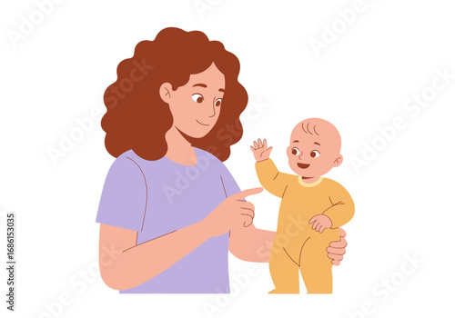Mother holding joyful baby waving, cheerful family moment, love and motherhood concept, parenting blogs, infant care advertisements, and parenting articles.