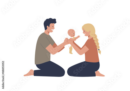 Loving couple with their newborn baby, showing care and affection. Suitable for family, parenting, love, and connectionthemed concepts.