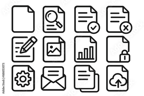 Document icon set. File management line icons. Business document flow, digital workspace symbols. Search, edit, approve, security, analytics, upload, email. Vector pictogram.