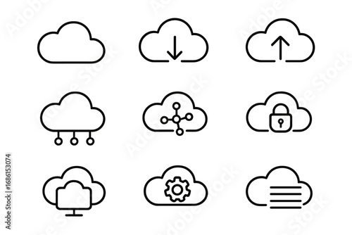Cloud service and technology outline icon collection. Virtual data storage, network connection, secure server, hosting, database, upload and download line icons for interface.