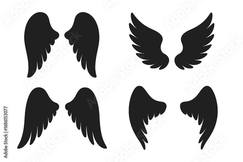 Angel wings silhouette icon set. Spiritual and religious symbols collection for graphic design. Vector illustration of black fantasy feather wings for a tattoo, logo or decoration.