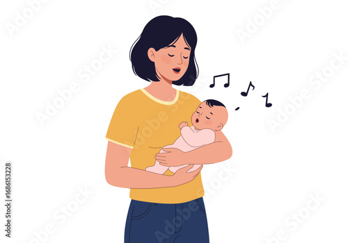 Mother soothing baby with lullaby as musical notes dance. Perfect for parenting blogs, music therapy materials, or infant product ads.