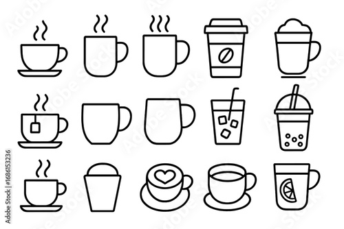 Coffee and tea outline icon set. Linear style beverage symbols including latte, espresso, cappuccino, boba tea, and iced drinks. Vector collection for cafe menu and web design.