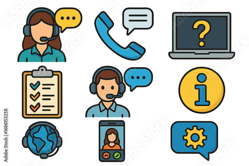 Customer service icon set. Call center operator, agent with headset. Online support, communication, contact us concepts. Helpdesk, FAQ, info, chat vector icons collection.