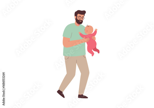 Bearded man holding a baby in pink clothes on white background. Ideal for parenting, family, love, childcare concepts.