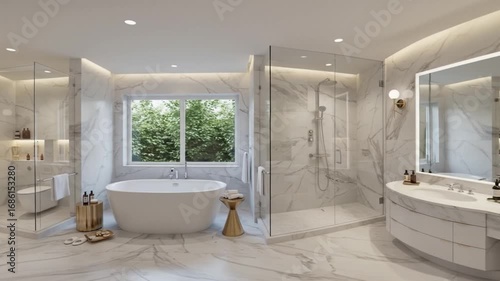 A luxurious bathroom features marble walls floor glass showers a white tub by a window and modern fixtures