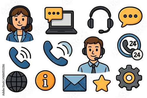 Customer service icon set. Vector cartoon collection of communication and support symbols. Call center operator, headset, chat, 24h help, email and feedback signs isolated.