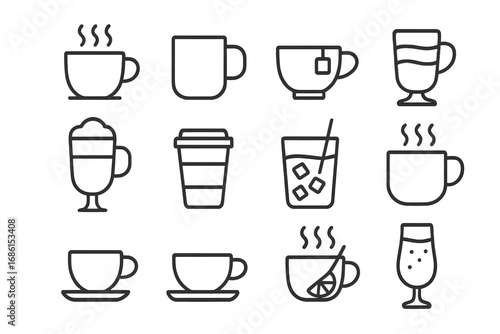 Coffee and tea outline icon set. Linear style vector icons of beverages, cups, and mugs. For cafe menu, includes espresso, latte, cappuccino, and cold drinks. Thin line.