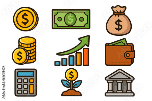 Financial icons set for business and banking. Vector collection of money symbols including coin, dollar, wallet, and calculator. Concepts of investment, savings, and economic growth.