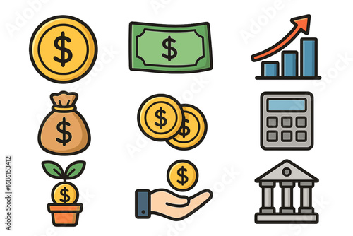 Finance and money icon set. Vector collection of business investment, banking, and currency symbols. Cartoon dollar coin, banknote, growth chart, and savings concept.