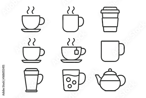 Coffee and tea line icon set. Vector outline symbols for cafe menu, coffee shop. Includes cup, mug, hot drink, espresso, latte, teapot, beverage. Minimal simple graphic.