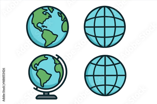Set of globe icons for web and geography. Vector Earth planet symbols. World map and global network pictogram collection. International communication and travel concept illustration.