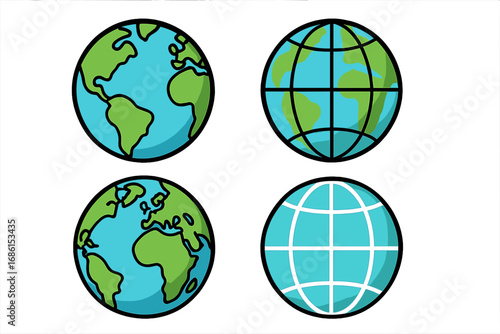 Set of globe icons. Earth planet symbol for web. Vector world map illustration. Global business and travel concept. International network sign. Geography and ecology design.