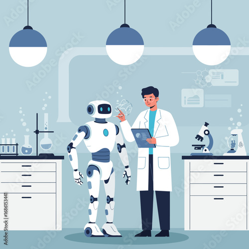 A scientist interacts with a humanoid robot in a laboratory setting.
