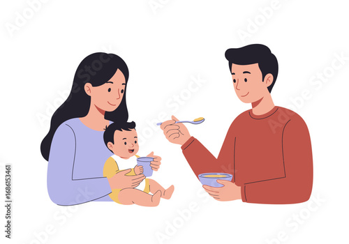 Man feeding baby while mother lovingly holds them. Heartwarming parenting moment suitable for familyrelated articles, parenting blogs, and promotional materials.