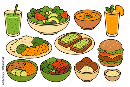 Healthy vegan food set. Plant based meal collection. Vegetarian diet concept. Salad, smoothie, burger, falafel, avocado toast, soup, poke bowl. Vector cartoon illustration.