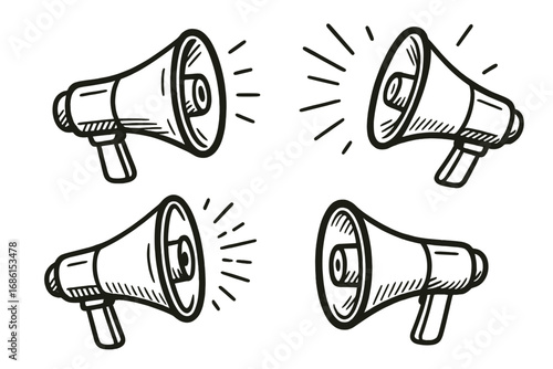 Set of hand-drawn megaphones. Communication and announcement concept. Loudspeaker for promotion, marketing, alert and news. Vector cartoon illustration. Bullhorn icon collection.
