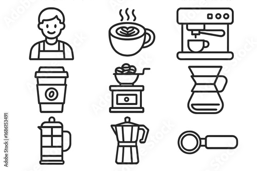 Coffee shop line icon set with barista, latte art, and brewing essentials. Vector outline collection of espresso machine, grinder, french press, moka pot, and pour-over maker.