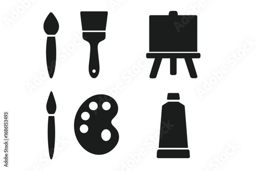 Art tools silhouette icon set. Artist equipment for painting. Creative hobby concept. Vector graphic collection with paintbrush, easel, canvas, palette, and paint tube icons.