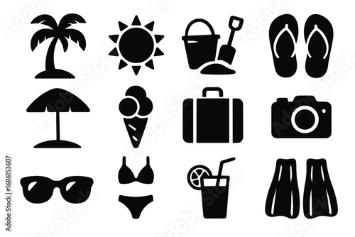 Beach vacation silhouette icon set. Summer holiday travel essentials. Vector pictogram collection. Sun, palm, umbrella, bikini, suitcase, camera, sunglasses, ice cream icons.