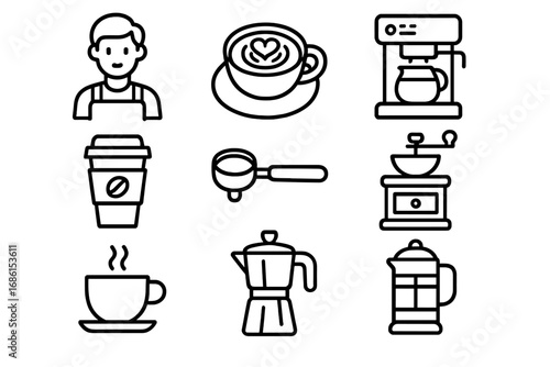 Coffee shop line icon set. Barista, cafe, and coffee making equipment icons. Brewing methods like espresso, french press, moka pot. Latte art, cappuccino, grinder, vector.
