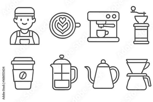 Coffee shop line icon set with barista, latte art, and brewing essentials. Vector outline collection including espresso machine, grinder, french press, and pour-over dripper.